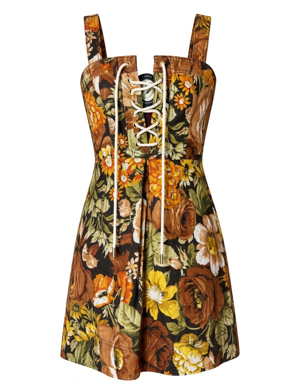 Zimmermann Floral Lace-Up Mini Dress in Brown, Yellow and Green